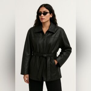 Charles Klein Black Genuine Leather Belted Zip Front Jacket Womens Medium